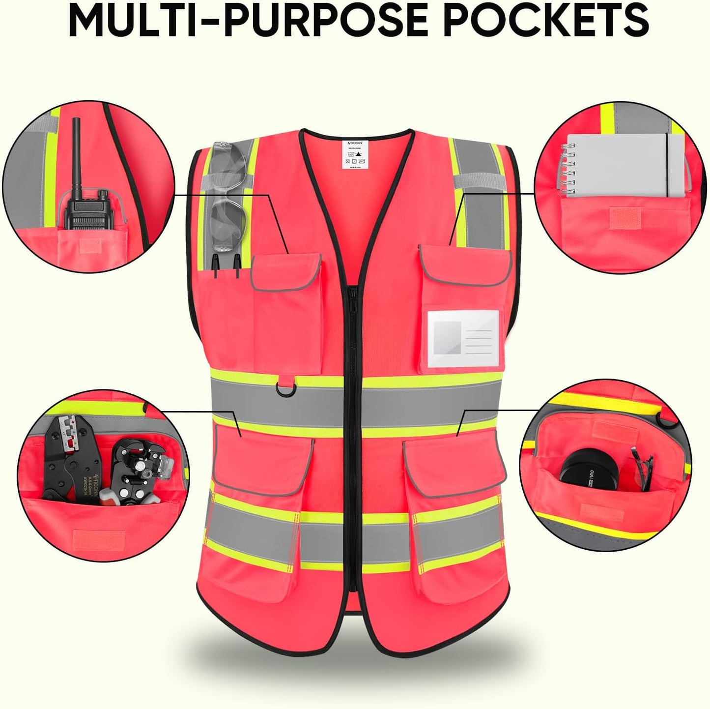 TICONN Reflective Safety Vest High Visibility Class II Mesh Vest for Women & Men Meets ANSI Standards