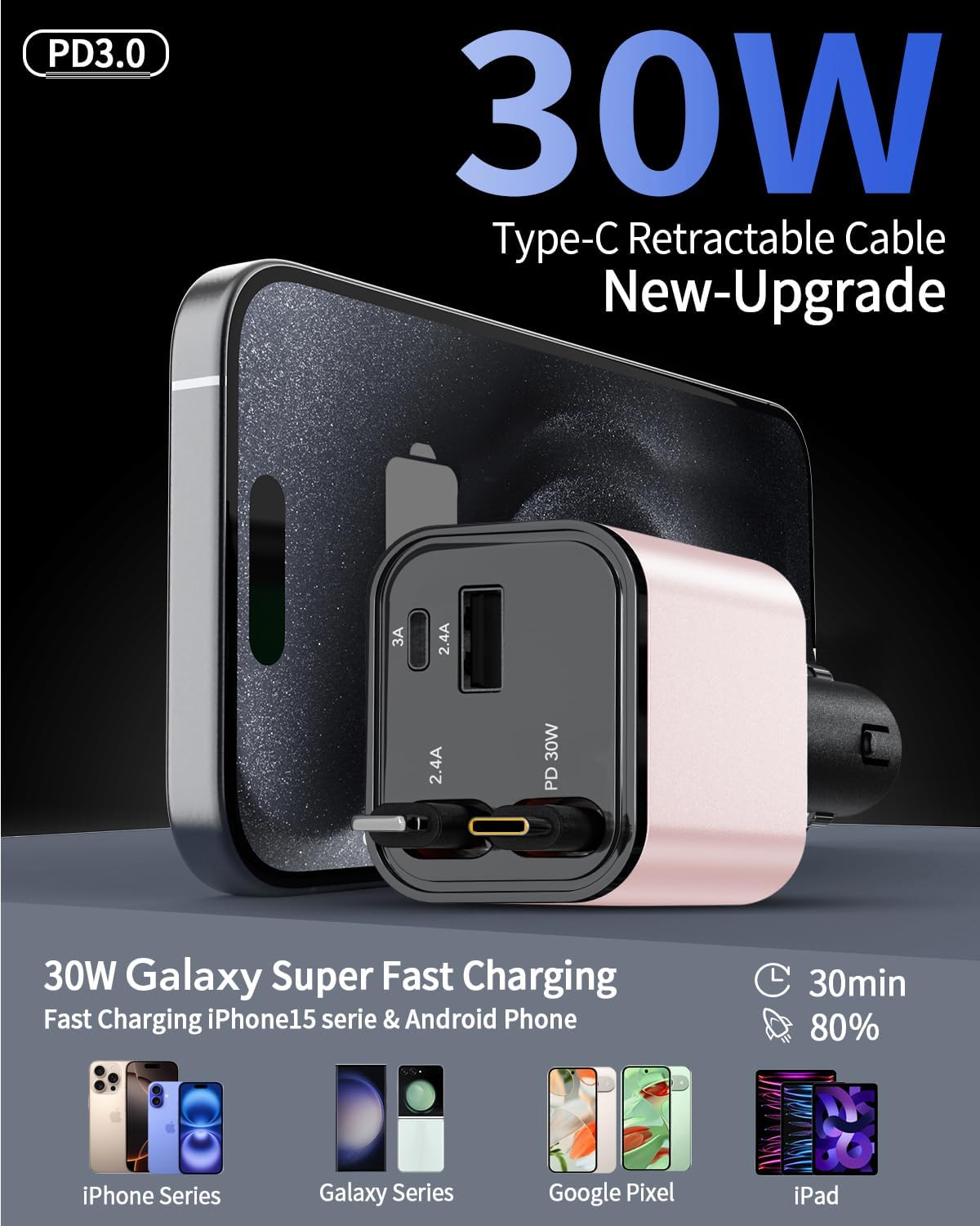 Retractable Car Charger,Car Phone Charger USB C Fast Charge,Cigarette Lighter USB Charger Car Accessories for Women,Road Trip Essentials Gift for Men,Car Charger for iPhone 17/16/15,Galaxy S26,Pixel