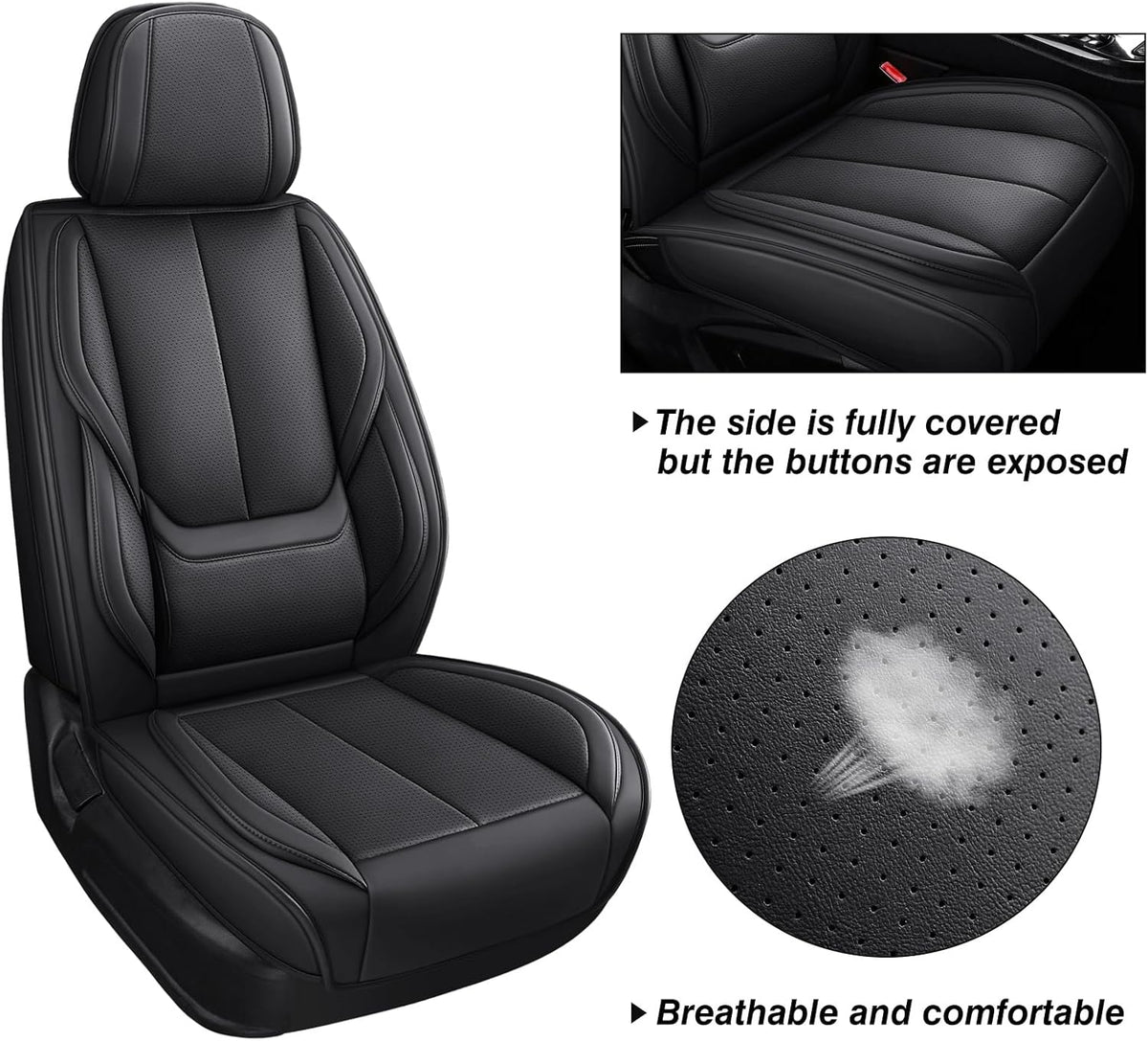 MINGBRON Car Seat Cover Full Set, Leather Car Seat Cover, Waterproof Seat Covers, Car Seat Cushion, Nappa Leather Seat Covers Car Seat Protector Universal Fit Most Cars Black