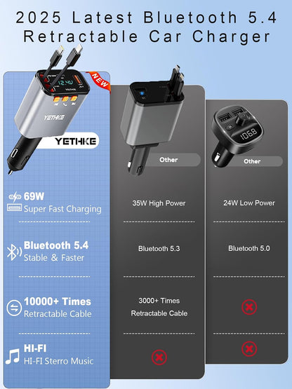 Bluetooth Car Adapter with Retractable Charger, FM Transmitter Bluetooth 5.4 for Cars, 4 in 1 Fast Car Phone Charger 69W, Handsfree Call, 2*Retractable Cable for iPhone 17/16/15/14, Galaxy-Black