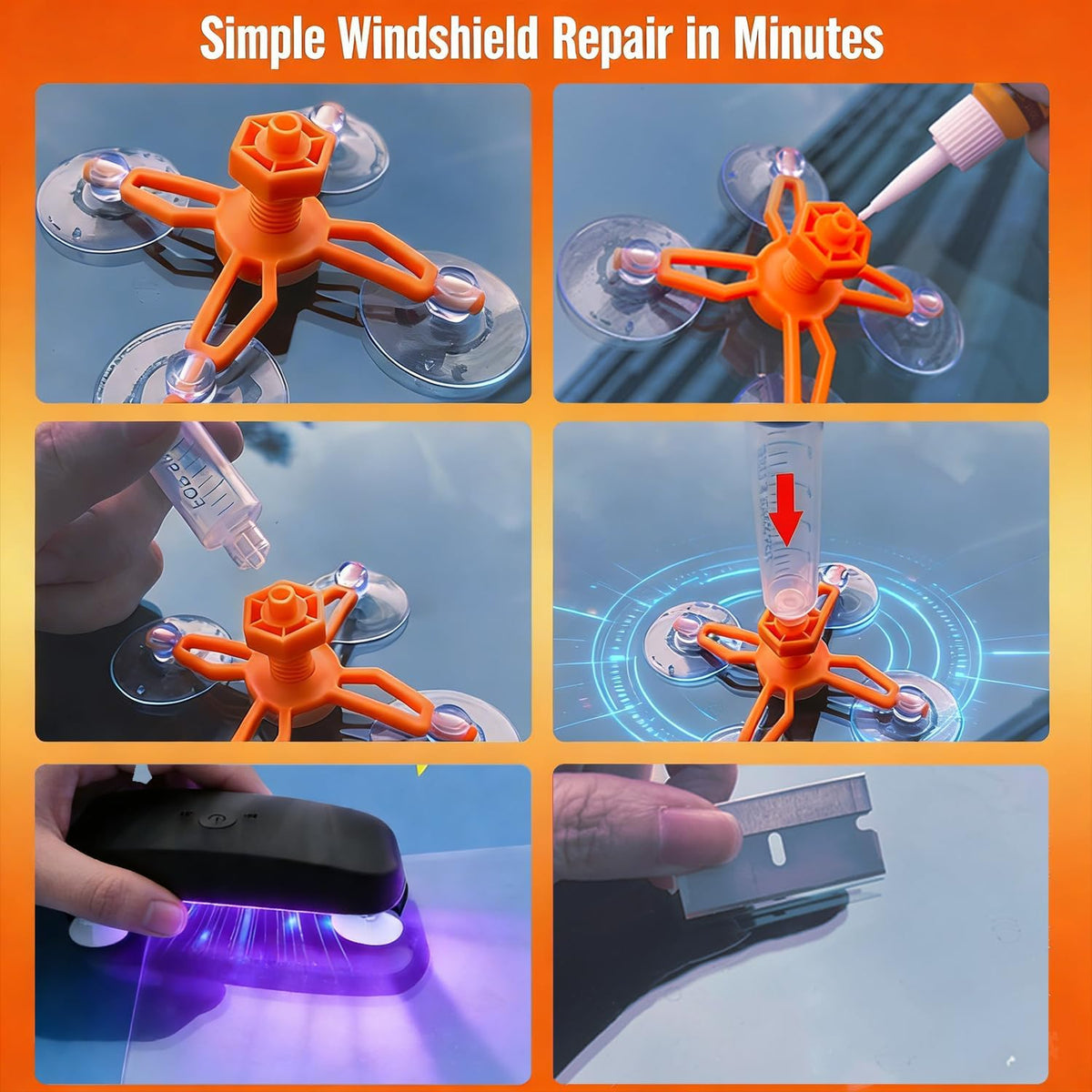Windshield Repair Kit, Windshield Crack Repair Kit with Suction Cup Curing Light, 2 Pcs Car Glass Repair Kit Quick Fix for Chips & Cracks, Windshield Chip Repair Kit, Automotive Nano Fluid（Orange）