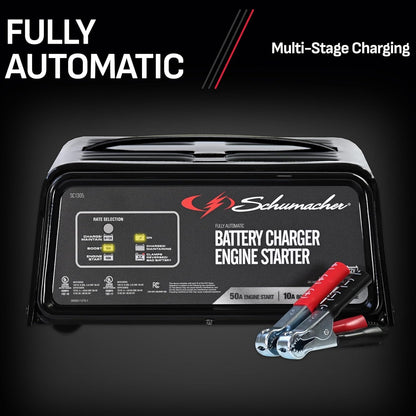Schumacher Electric 6A Car Battery Charger and 50A Engine Starter, 3-in-1 Solution, Maintainer, 10A Boost, for 12V Power Sport, Automotive, and Marine Batteries, SC1305