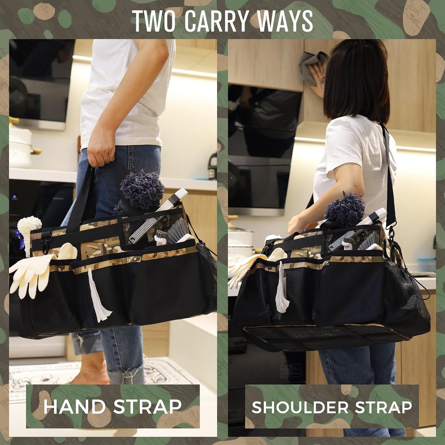 SCAVATA Wearable Cleaning Caddy Organizer with Handle & Shoulder Straps for Housekeepers, Under Sink & Car Cleaning Tool Organizer Bag with 4 Foldable Dividers (Green)