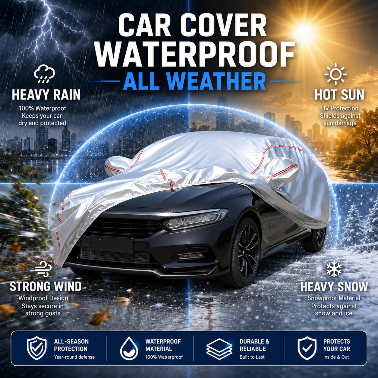 Car Cover for Sedan, Waterproof All Weather Heavy Duty, 360° Underbody Wrap Windproof Design, Quick Install Outdoor Vehicle Cover, Fits 186-193 in