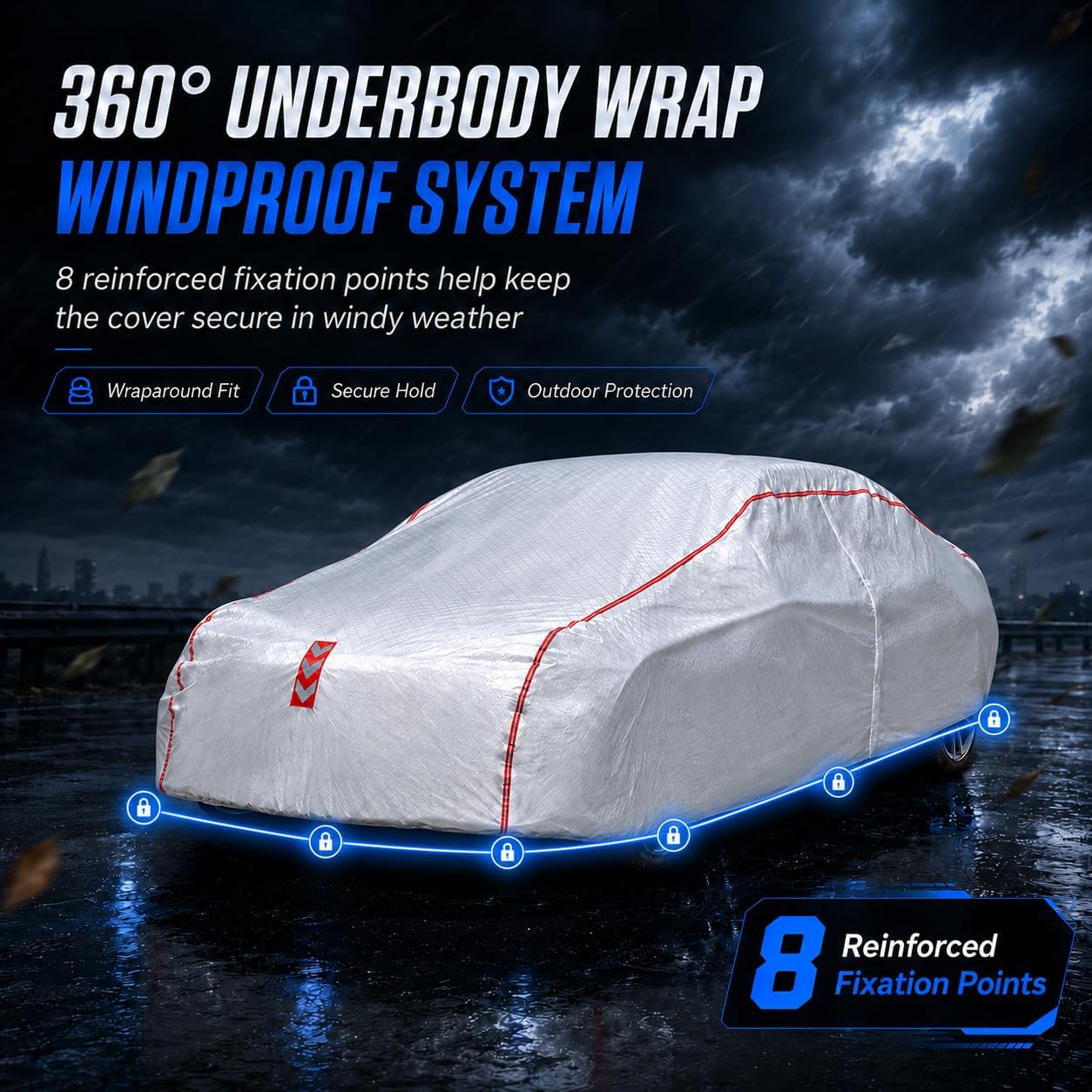 Car Cover for Sedan, Waterproof All Weather Heavy Duty, 360° Underbody Wrap Windproof Design, Quick Install Outdoor Vehicle Cover, Fits 186-193 in