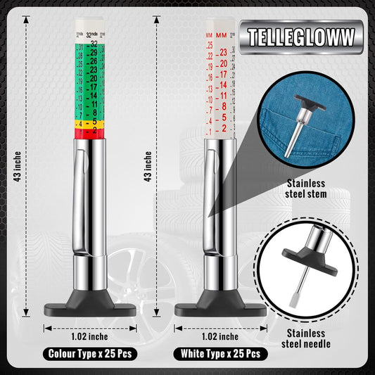 Tellegloww 50 Pcs Tire Tread Depth Gauge Color Coded Tyre Depth Gauge Tool Tread Accurate Measure Tools Metric Gauges for Car Trucks Various Vehicle (White and Green)