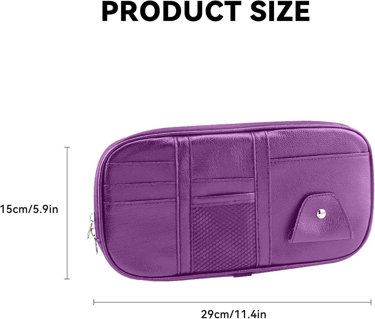 Car Sun Visor Organizer, Sunglass Holder and Storage Pocket, Card Cash Pouch with Multi-Pocket Net Zipper, Case Bag for License Pen Key, Auto Accessories for Truck, SUV, Van (Purple)