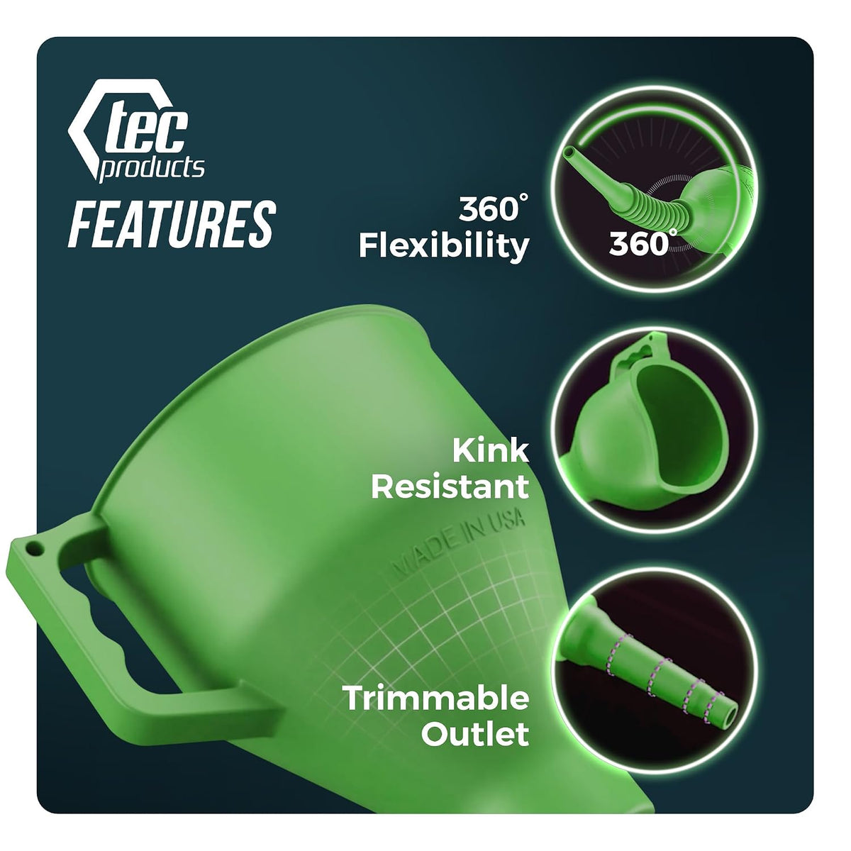 TEC Products FlexAll Long Flexible Funnels - Automotive Oil Funnel with Hose, Durable Nitrile Rubber for Oil Change, Transmission Funnel Fluid, Diesel, Fuel, Gas - Made in USA - Red (16 x 5 Inches)