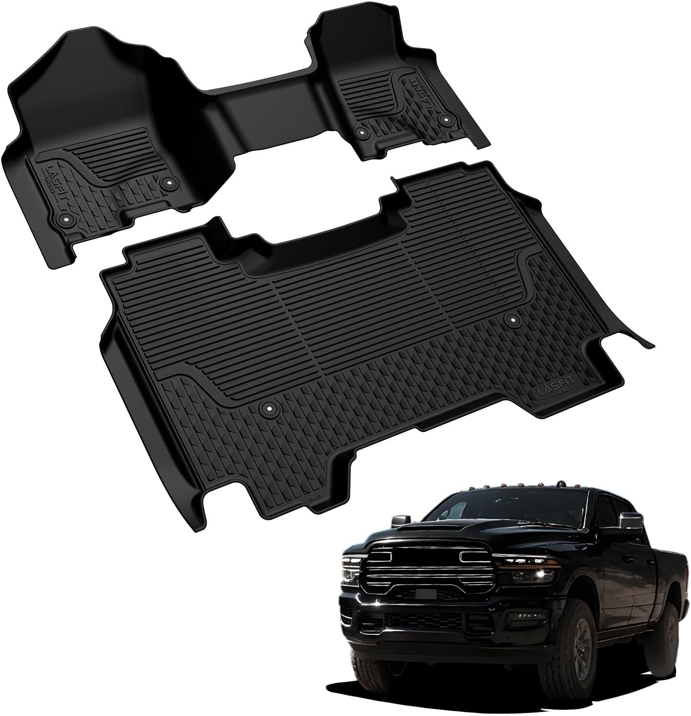 LASFIT Floor Mats for 2019-2025 2026 Ram 2500/3500 Crew Cab Bucket Seat for Carpet & Vinyl Floor (NOT fit Model with PTO Kit), All Weather TPE Custom Fit Car Mats Floor Liners 1st & 2nd Row, Black