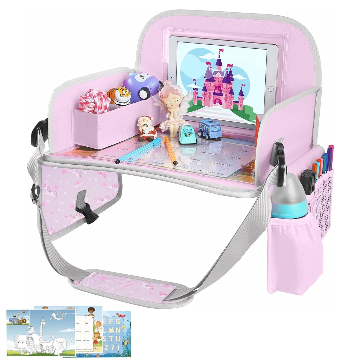 MENZOKE Kids Travel Tray for Toddler Car Seat, Road Trip Activities for Kids with iPad Holder Stand & Dry Erase Board, Road Trip Essentials Accessories Lap Tray as Travel Gifts for Kid, Pink