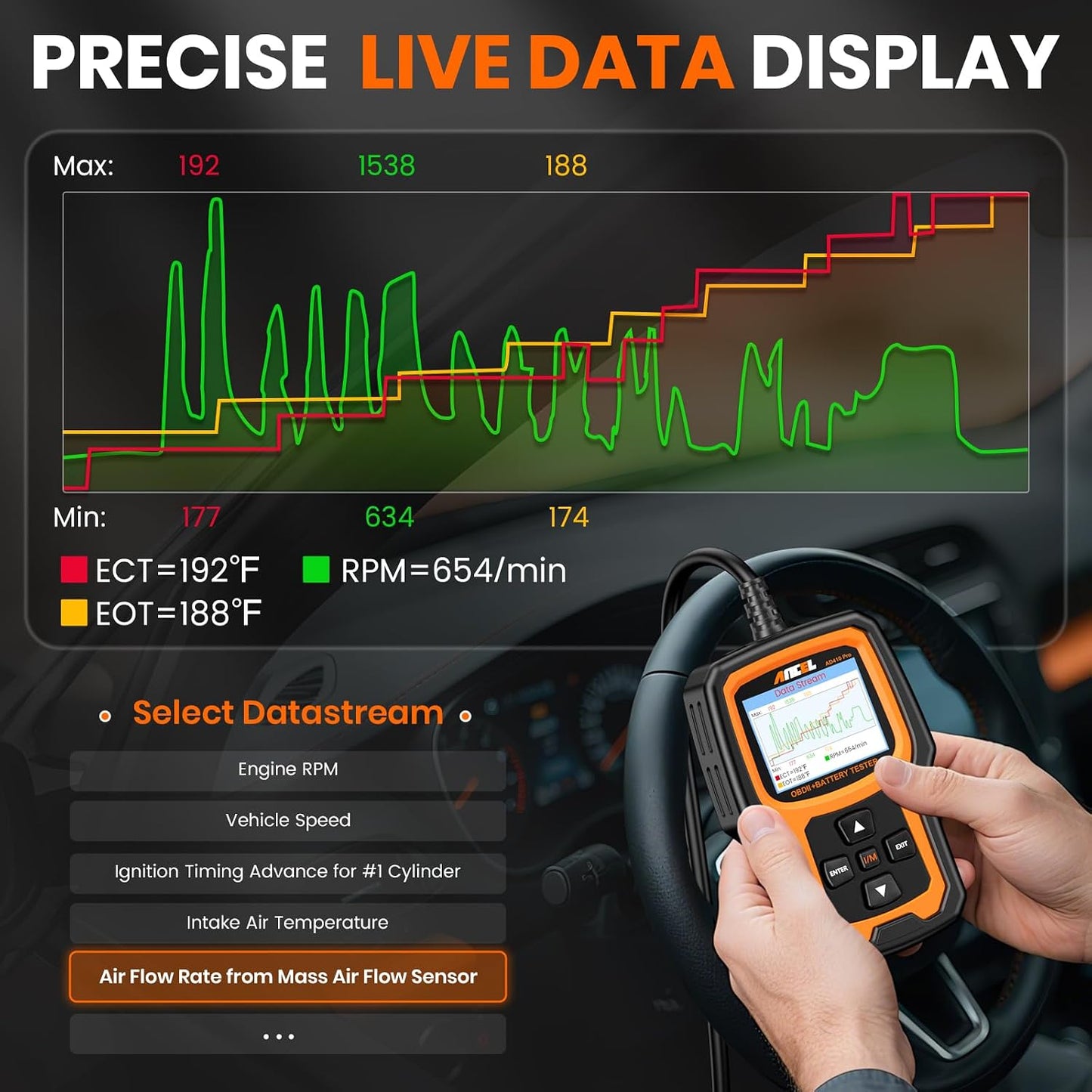 ANCEL AD410 PRO OBD2 Scanner and Battery Tester, 2-in-1 Car Diagnostic Tool, Check Engine Light, EVAP Test, Live Data, 12V Battery Analyzer with Cranking & Charging System Test for Car Motorcycle
