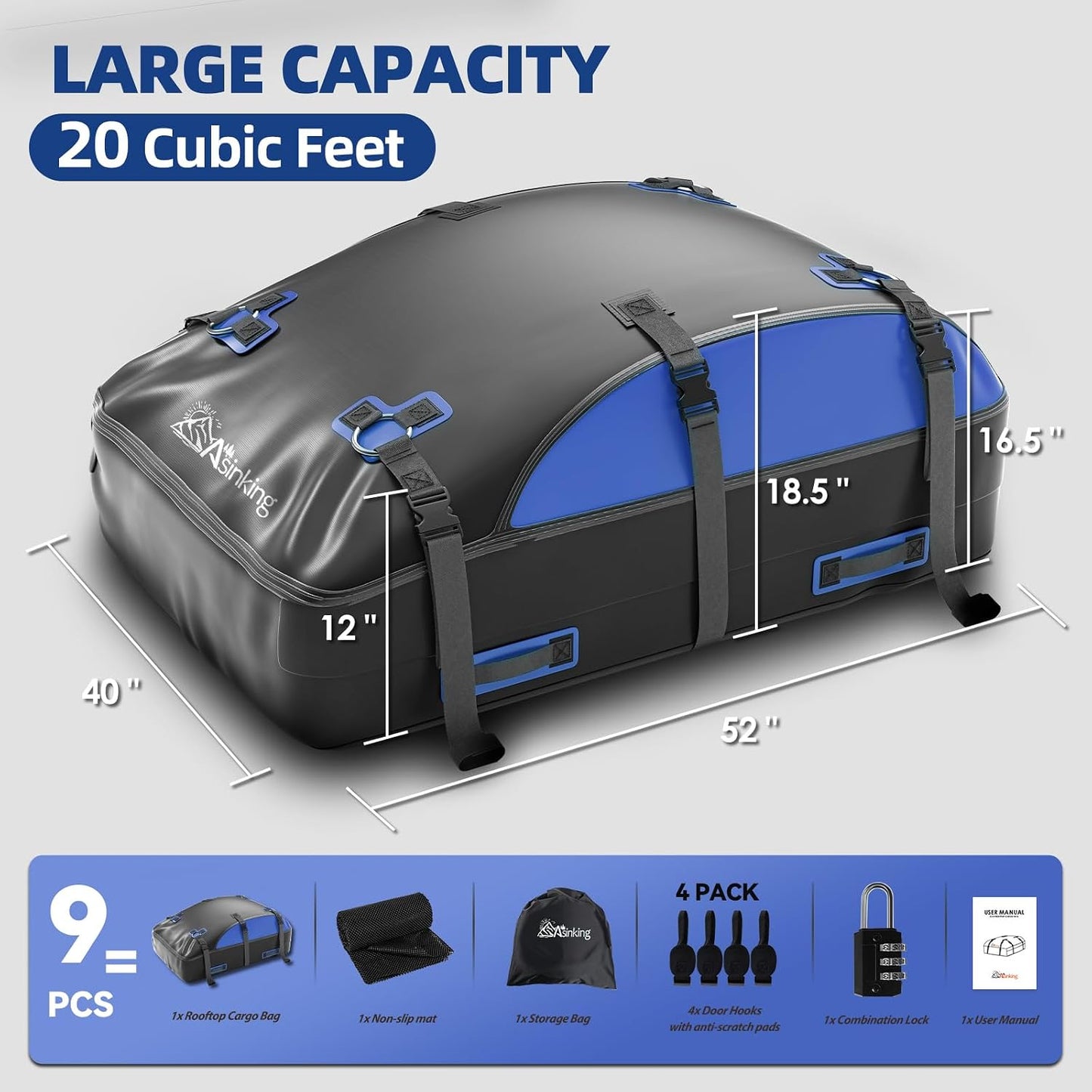 Asinking Car Rooftop Cargo Carrier Bag, 100% Waterproof Non-Rip 20 Cubic Feet Car Roof Bag for All Vehicles with/Without Rack, Includes Non-Slip Mat, Luggage Lock, 4 Door Hooks, Storage Bag