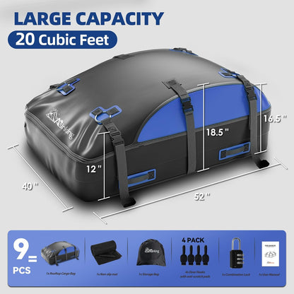 Asinking Car Rooftop Cargo Carrier Bag, 100% Waterproof Non-Rip 20 Cubic Feet Car Roof Bag for All Vehicles with/Without Rack, Includes Non-Slip Mat, Luggage Lock, 4 Door Hooks, Storage Bag