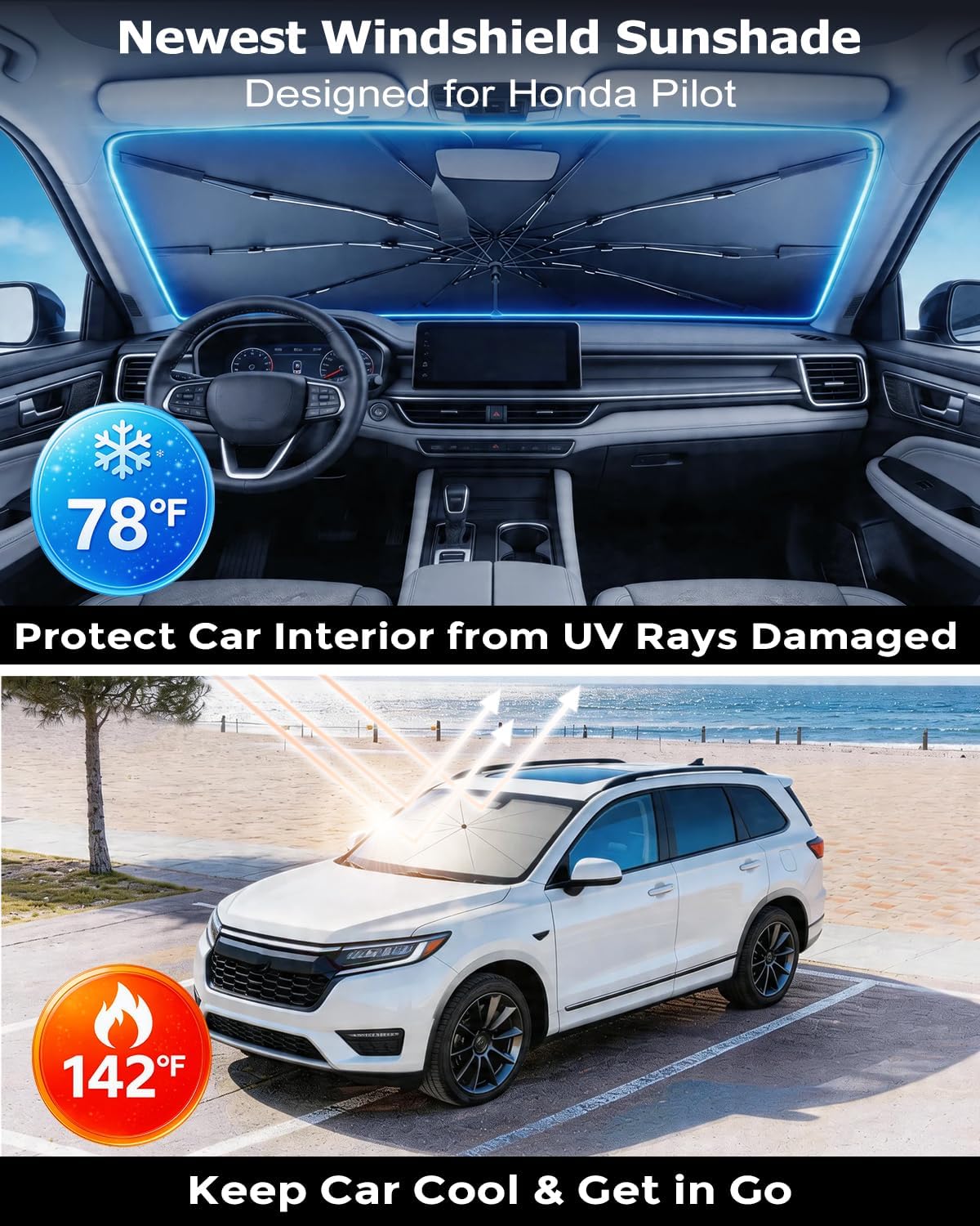 DMJN Umbrella Windshield Sun Shade - Medium, Car Sunshade for Front Windshield [Nano Ice-Crystal Coatings] UPF50+ Heat & UV Block, Protect Interior & Keep Cooler Universal for Car, SUV, Truck