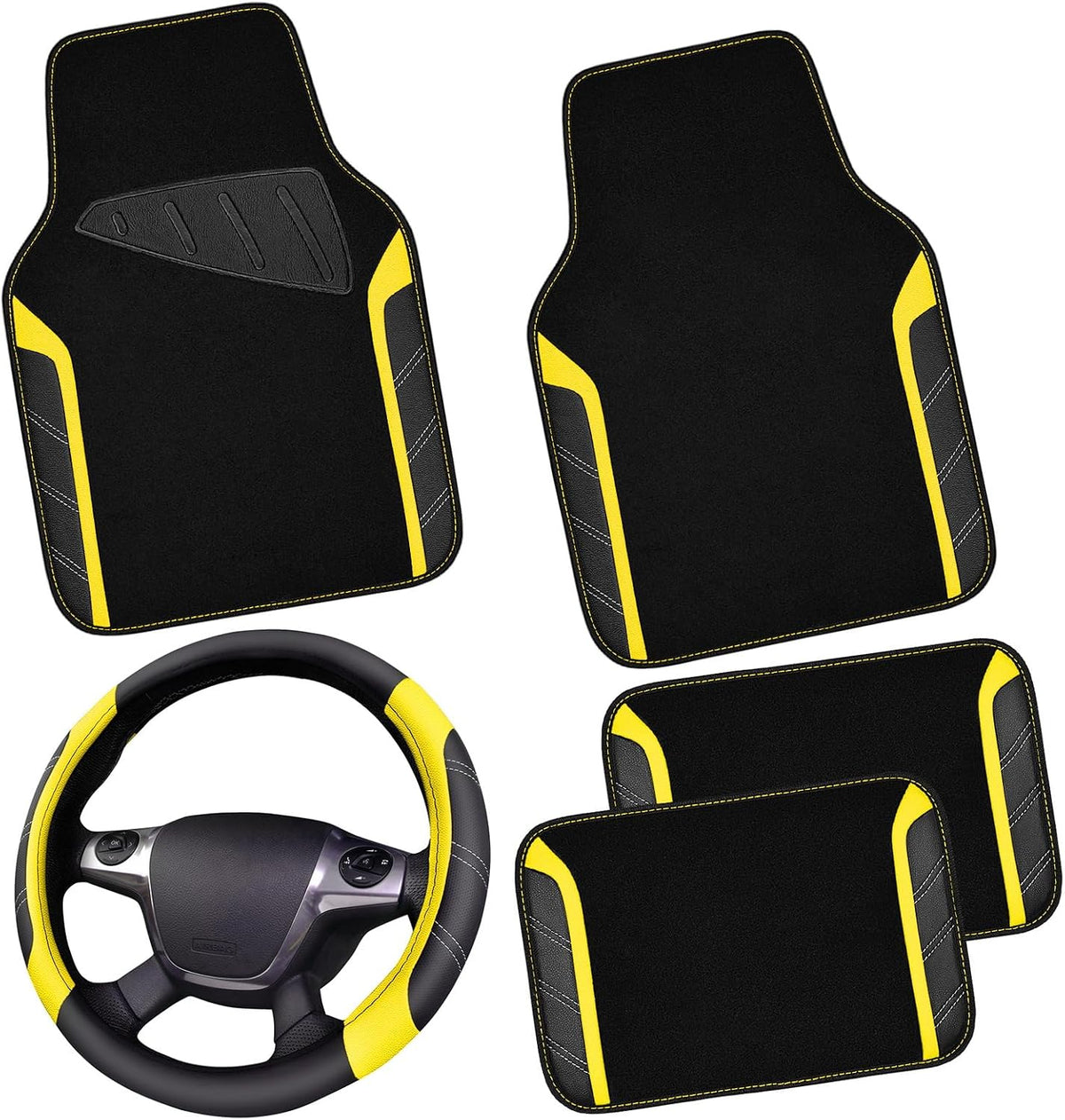 CAR PASS Air Mesh Leather Car Seat Covers Full Set, Waterproof Car Floor Mats, Sporty Steering Wheel Cover 14.5-15in, Universal Fits for 95% Cars Truck SUV (Black and Blue)
