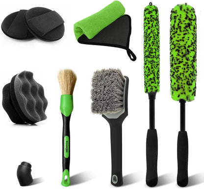 YeewayVeh 3PCS Quick Car Wheel Brush Kit, 2-Size 360° Bendale Rim Cleaner Brushes, Boars Hair Detailing Brush, Fast Scratch-Free Cleaning for Car Wheels, Motorcycle, Green