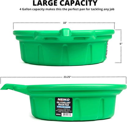 NEIKO 20760A 4 Gallon (16L) Anti-Splash Drain Container with Pour Spout, Black Plastic Drip Catcher for Fluid Changes