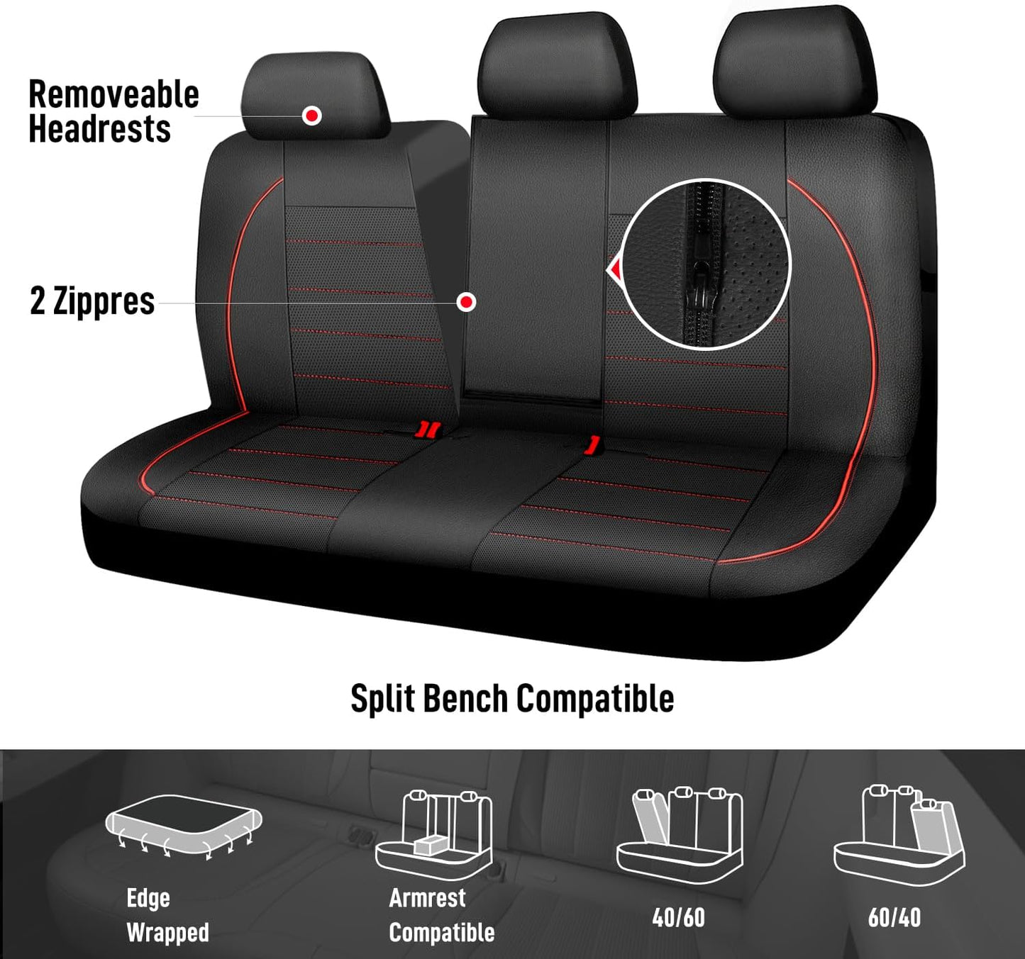 CAR PASS Universal FIT Piping Leather Two Front Seat Covers, Waterproof Faux Leather for SUV Sedan Van Truck, Airbag Compatible,Reserved Opening Holes for Headrest Covers. (Black red)