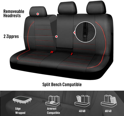 CAR PASS Universal FIT Piping Leather Two Front Seat Covers, Waterproof Faux Leather for SUV Sedan Van Truck, Airbag Compatible,Reserved Opening Holes for Headrest Covers. (Black red)