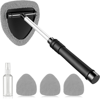 JUSTTOP Windshield Cleaner Tool, Car Interior and Exterior Window Cleaning Kit with Extendable Handle & 4 Reusable Microfiber Pads, Auto Glass Wiper Brush Kit for Car & Home Windows (Green)