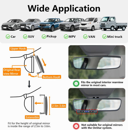 Rear View Mirror, Chrome Anti-glare Panoramic Rear Mirrors Universal 10 Inch Convex Car Interior Clip on Extra Big Wide Angle Rearview Mirror Extender to Reduce Blind Spot for Car SUV