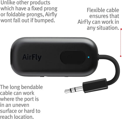 AirFly Pro 2 Deluxe – Bluetooth Adapter for Airplane, Pair 2 AirPods or Wireless Headphones – 3.5mm AUX Bluetooth Transmitter/Receiver for Cars, Boats, Treadmills, TVs – Airplane Travel Essentials