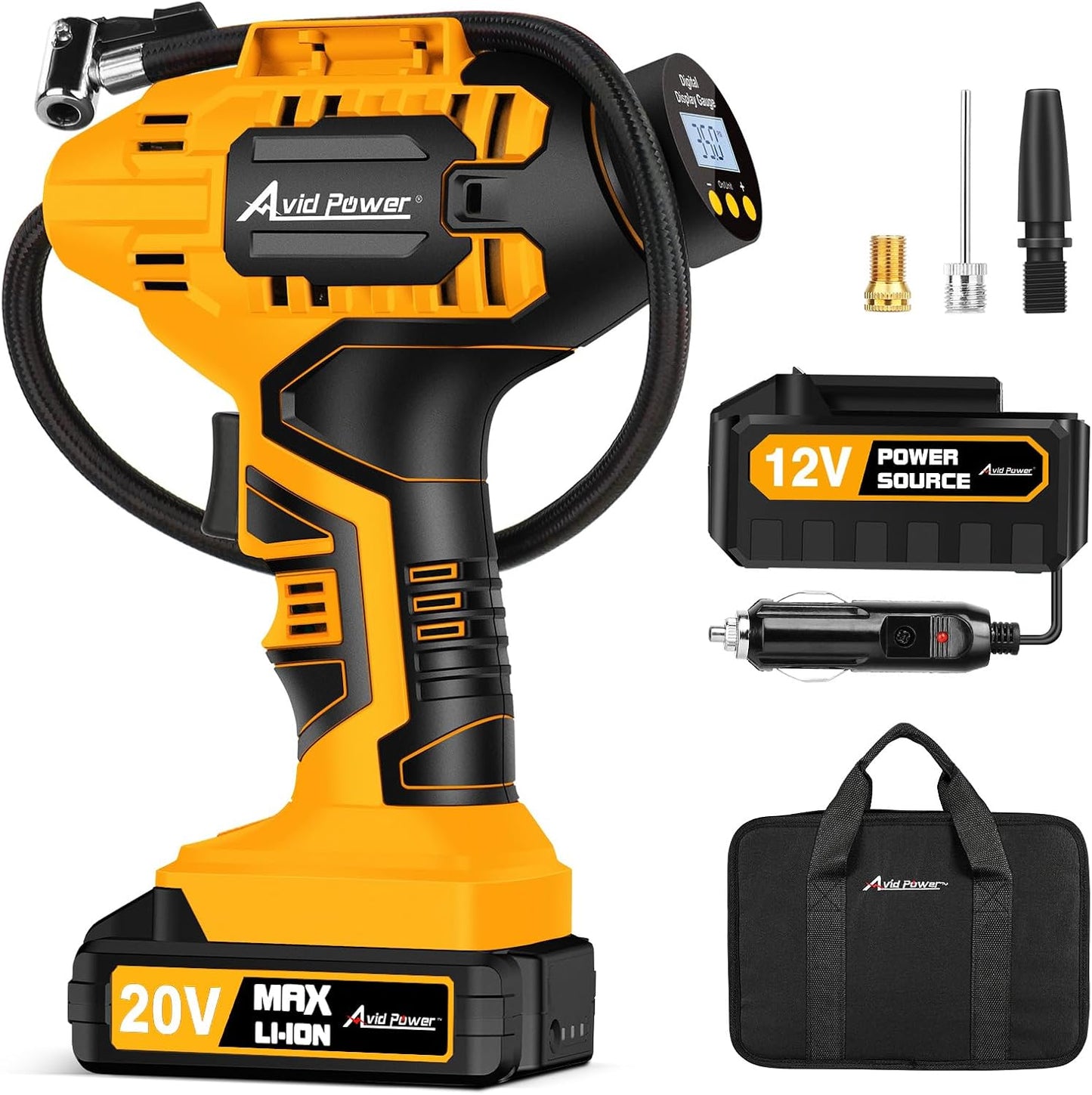 AVID POWER Tire Inflator Portable Air Compressor, 20V Cordless Car Tire Pump, Rechargeable Battery Powered Air Compressor w/12V DC Adapter, Digital Pressure Gauge