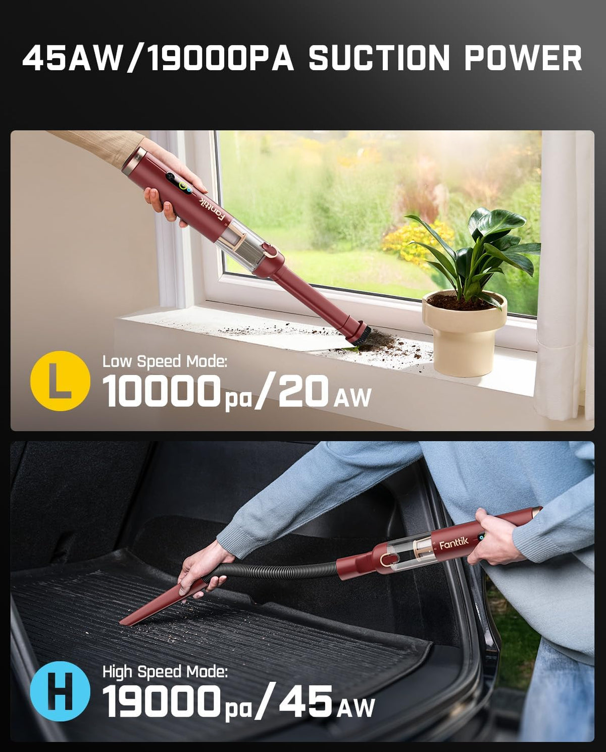 Fanttik Slim V10 APEX Cordless Car Vacuum, 4-in-1 Portable Mini Handheld Vac, 19kPa Suction Power, Upgraded Smart Digital Display, 2 Suction Modes for Small Jobs, Car, Office Desk, Keyboards (Black)