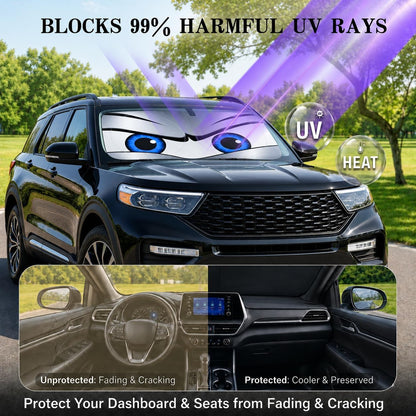 Car Windshield Sun Shade, Funny Cartoon Eyes Sun Visor for Car Windshield Universal Fits Sedan Compact Car Hatchback SUV, UV Heat Protection - 59 x 27.5