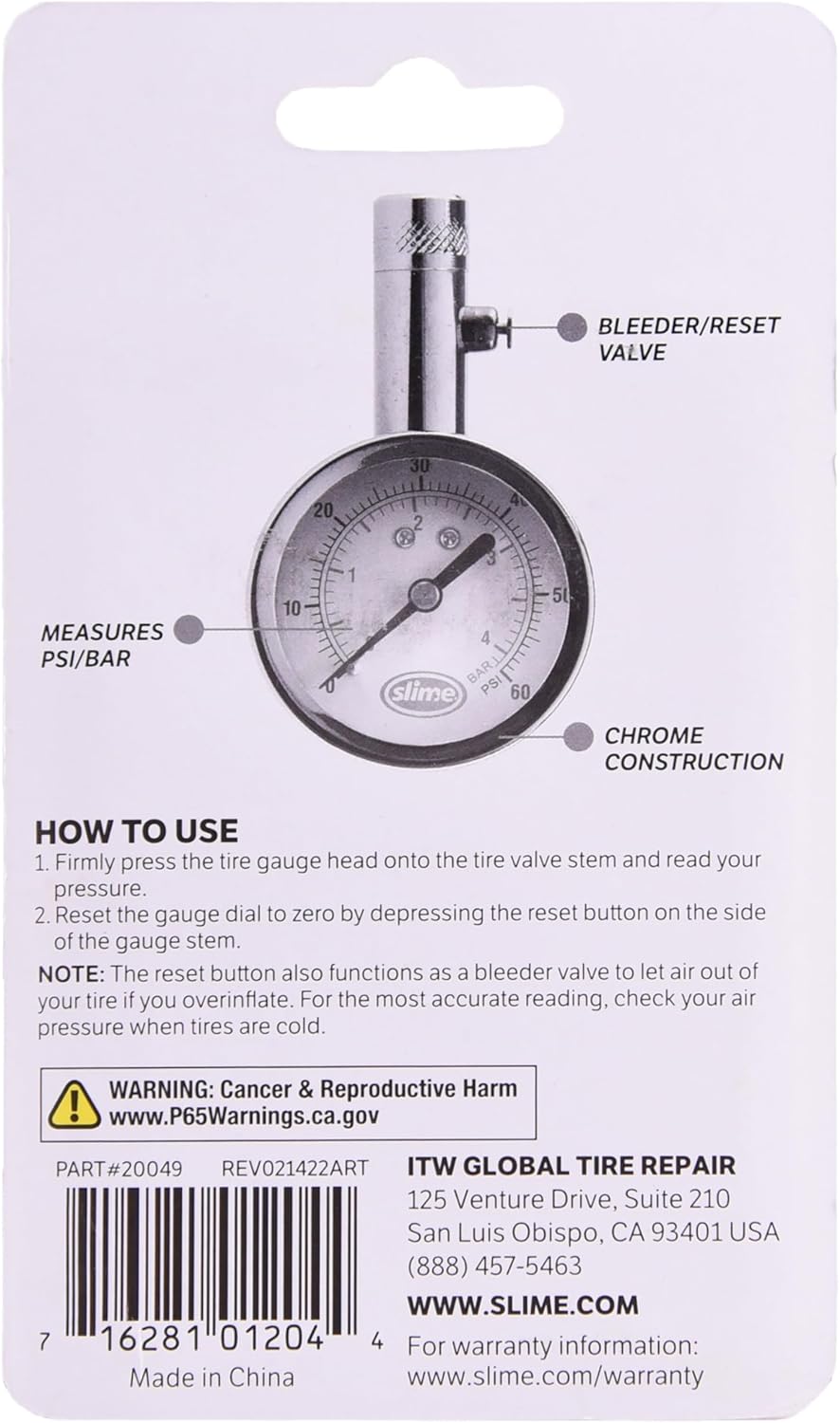 Slime 20049 Tire Pressure Gauge, Large Face Dial Analogue Gauge, 5-60 PSI
