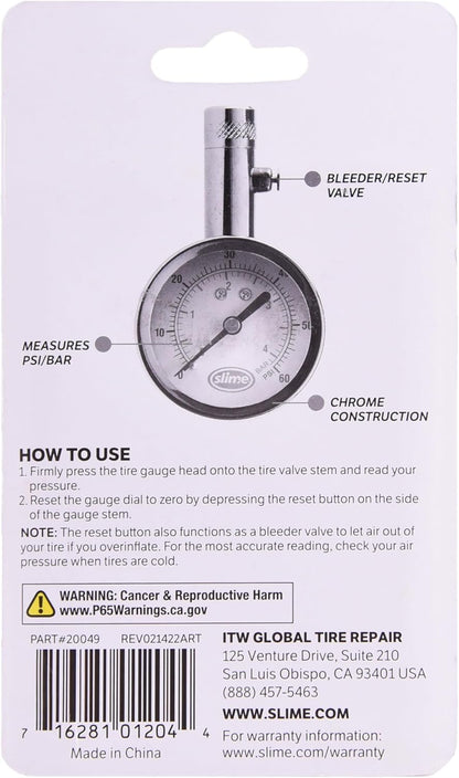 Slime 20049 Tire Pressure Gauge, Large Face Dial Analogue Gauge, 5-60 PSI