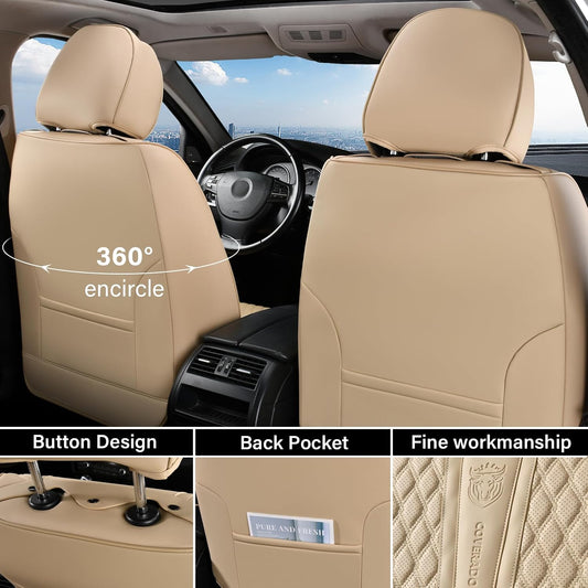 Coverado Car Seat Covers Full Set, Nappa Leather Seat Covers for Car, Waterproof Car Seat Protector with Lumbar Support, Automotive Seat Covers Universal Fit for Most Cars SUV Trucks (Beige) - Colors A