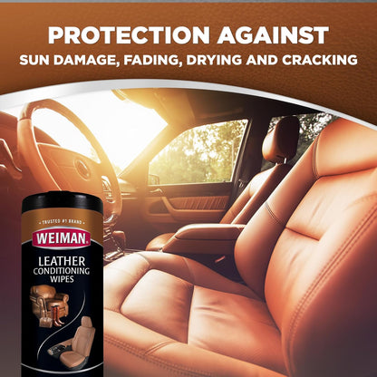 Weiman Leather Cleaner & Conditioner - Cleans, Restores & Protects Leather, UV Protection Prevent Cracking & Fading, For Car Seats, Sofas, Shoes, Bags & All Finished Leather Surfaces, 2 Pack, 60 Wipes
