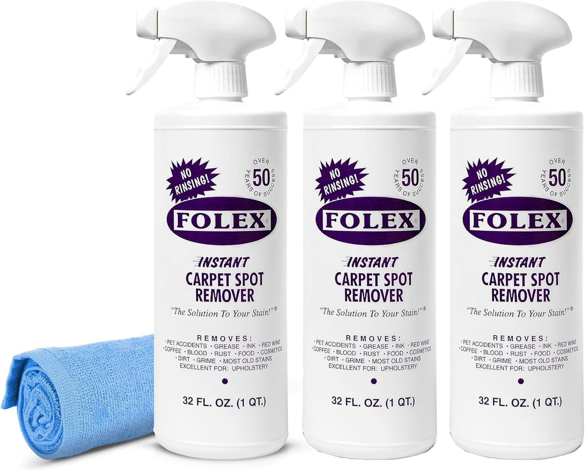 FOLEX Instant Carpet Spot Remover 32 oz – Powerful Stain Remover for Carpets, Upholstery & Rugs – Eliminates Pet Stains, Grease, Red Wine, Food, Makeup & More – With Reusable Cleaning Cloth - 1 Pack