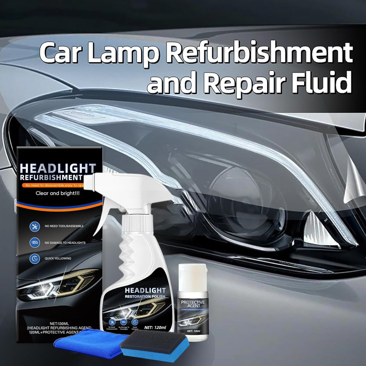10X Brighter Headlight Restoration Kit - Pro Grade Headlight Cleaner & Sealant, Fixes Yellowed Cloudy Lenses to Crystal Clear in 5 Mins, Car Accessories Car Cleaning Supplies for Night Driving Safety