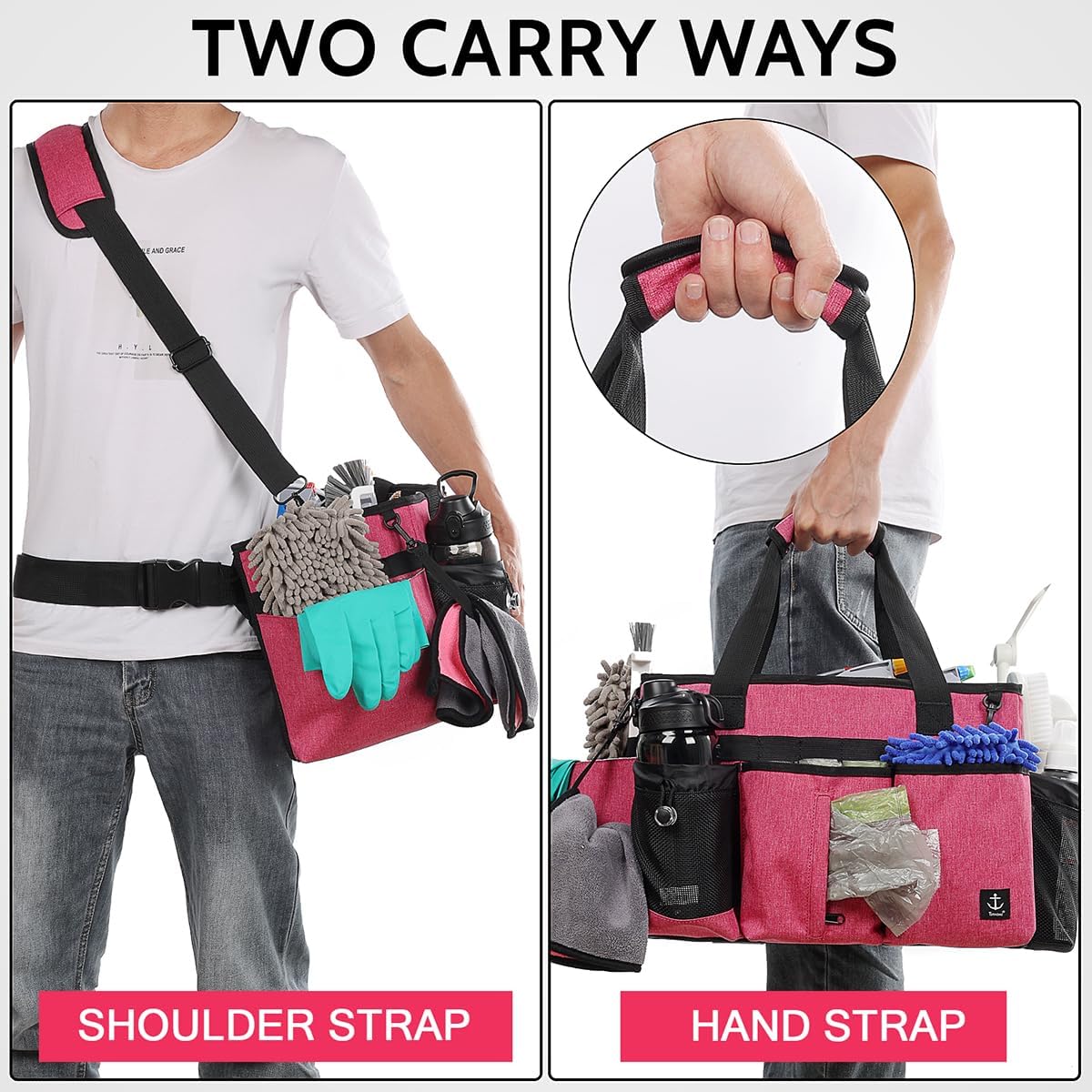 Large Cleaning Caddy Bag Built-in Sturdy Support Board, Cleaning Organizer with Detachable Divider, Cleaning Supply Tote with Adjustable Shoulder Strap&Waist Belt for Cleaners & Housekeeper