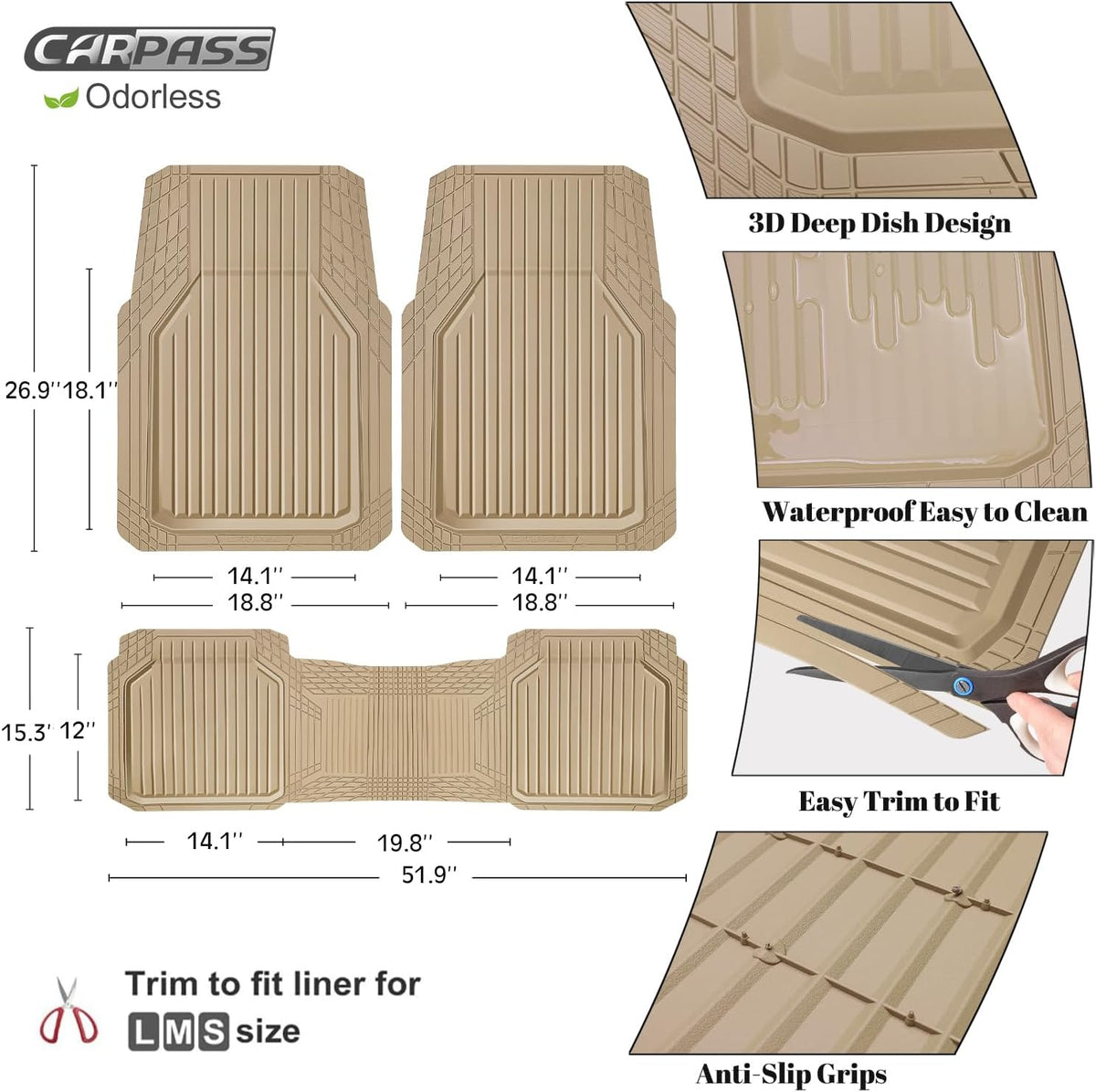 CAR PASS Heavy Duty Rubber Floor Mats for Car, Waterproof Liner Deep Dish Car Mats Full Sets, Universal Trim to Fit for SUV Truck Sedans Vans, All Weather Automotive Floor Mats 3pcs, Solid Black