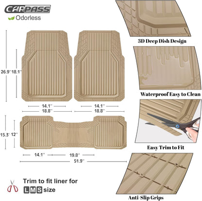 CAR PASS Heavy Duty Rubber Floor Mats for Car, Waterproof Liner Deep Dish Car Mats Full Sets, Universal Trim to Fit for SUV Truck Sedans Vans, All Weather Automotive Floor Mats 3pcs, Solid Black