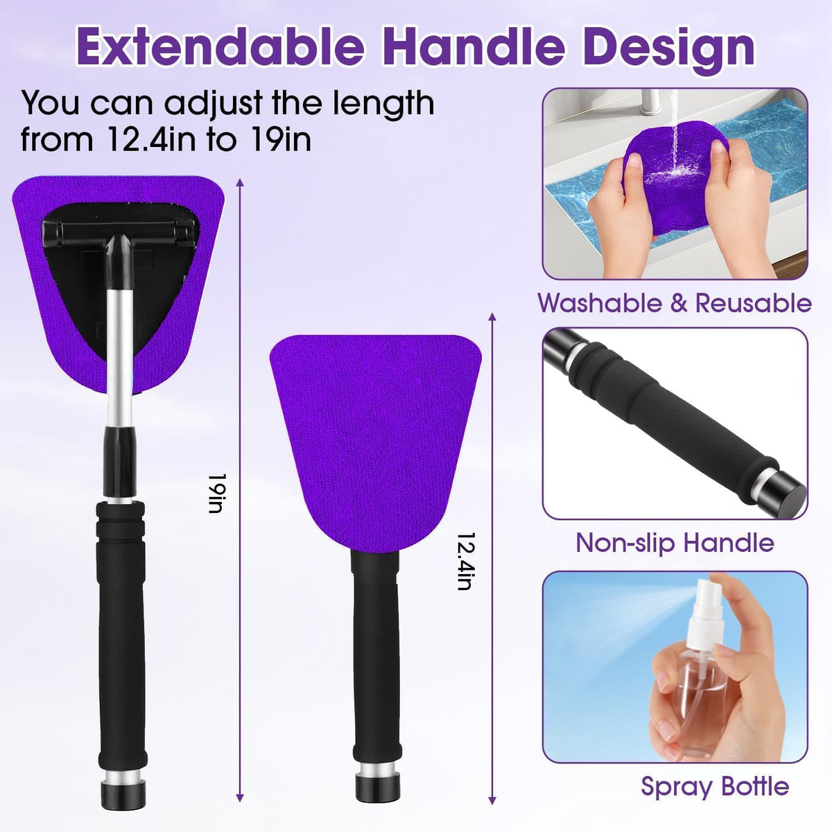 Windshield Cleaner Tool, Car Interior Cleaning Kit with Extendable Handle and 3 Reusable Microfiber Pads, Auto Glass Wiper and Detailing Brush Kit for Car & Home Window, Blue