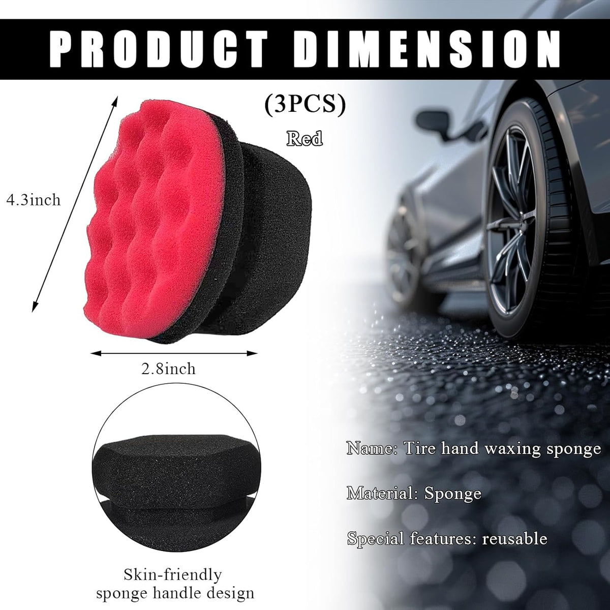 KVAEY 2 PCS Tire Dressing Applicator Pads, Reusable Hex Grip Tire Shine Applicator Polishing Sponge Pads, Wheel Tire Shine Detailing Foam for Most Vehicles, Car Accessories (Black, 3.15")