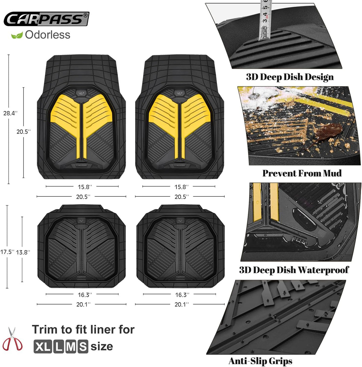 CAR PASS Heavy Duty Rubber Car Mats with Cargo Liner, Deep-Dish Car Floor Mats and Trunk Mat All Weather, Universal Trim-to-Fit for SUVs Trucks Sedans, Waterproof Anti-Slip, Trimmable V12 Black
