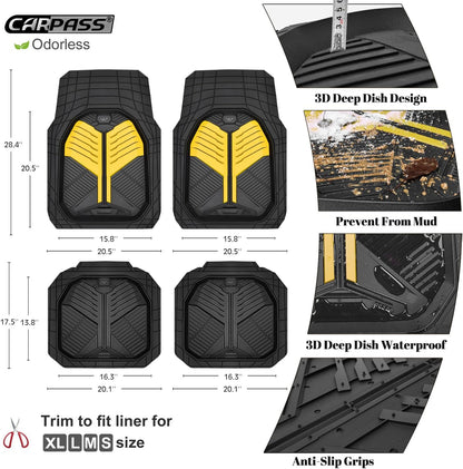 CAR PASS Heavy Duty Rubber Car Mats with Cargo Liner, Deep-Dish Car Floor Mats and Trunk Mat All Weather, Universal Trim-to-Fit for SUVs Trucks Sedans, Waterproof Anti-Slip, Trimmable V12 Black