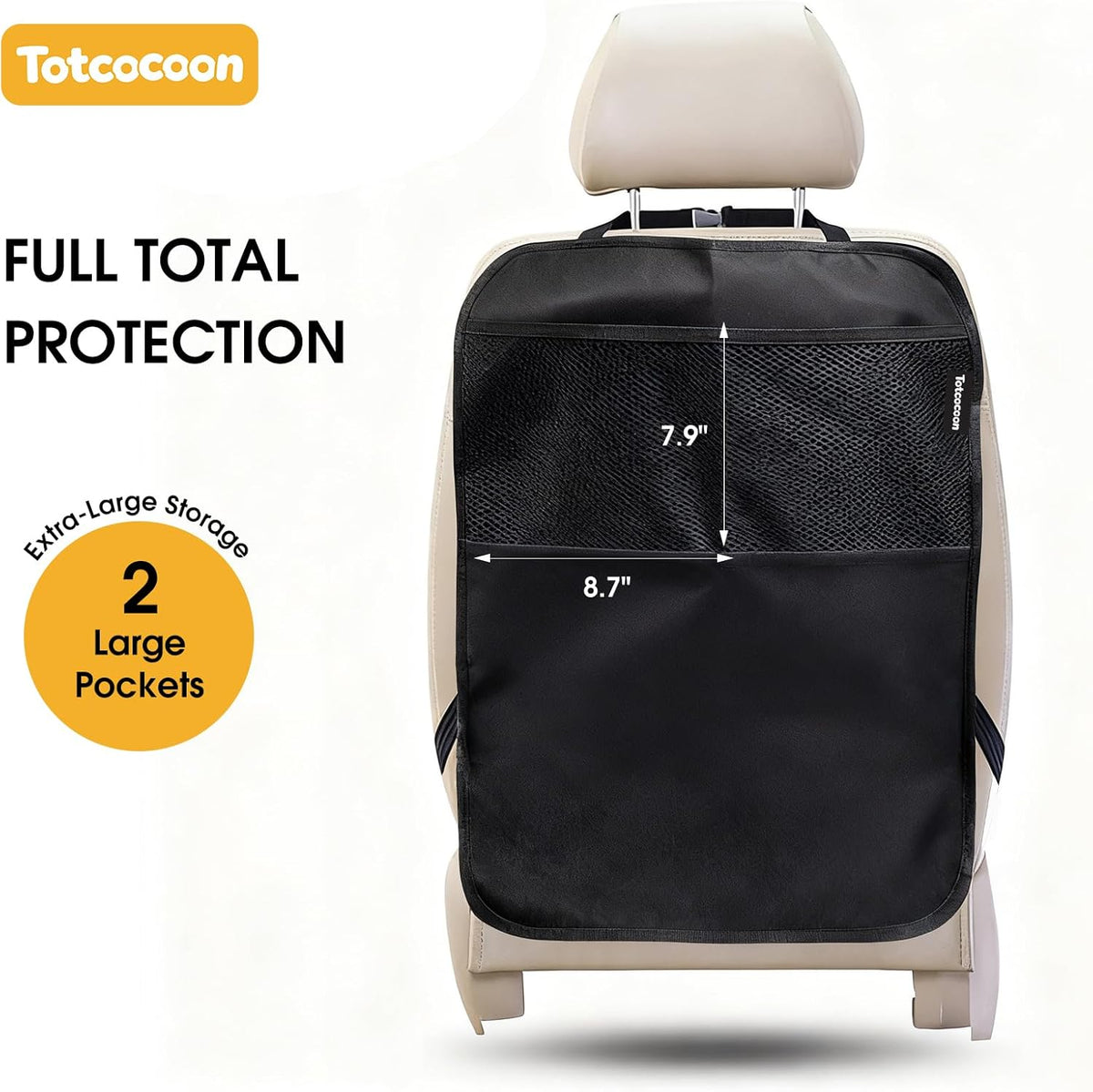 Car Back Seat Protector, 2-Pack Black Waterproof Kick Mats with Custom Storage Pockets, Universal Fit 600D Oxford Fabric Backseat Covers, X-Large Size with Zipper Storage Bag