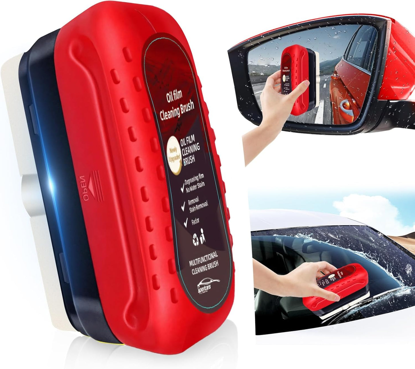 Automotive Oil Film Cleaning Brush, Upgraded Antifog & Rainproof Glass Cleaning Board, Reusable Glass Oil Film Remover for Car Windows & Windshields (Red)