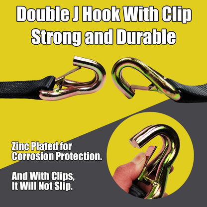 KJE Heavy Duty Car Trailer Tie Down Straps 4 Pack Kit - 2" x 8' Ratchet Straps + J-Hooks with Clip, 2" x 36'' Axle Straps - 10,000lbs Break Strength - Use for Car, Truck, UTV Transport