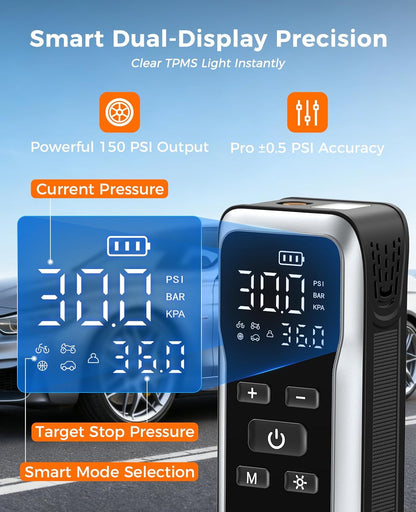 JUSUOX Tire Inflator Portable Air Compressor, Dual Power (Cordless & 12V DC) Air Pump for Car Tires, 150PSI Fast Air Pump for Moto, Bike, Large Capacity Battery, Digital Gauge with Emergency LED Light