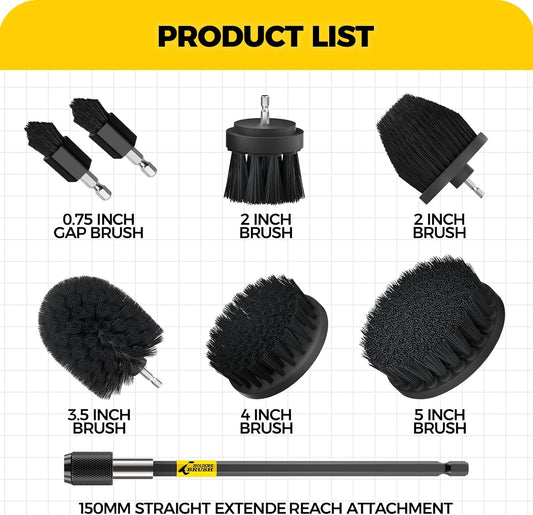 Holikme 8 Piece Drill Brush Attachments Set, Power Scrubber with Extend Long Attachment，Cleaning Supplies for Bathtub, Shower, Grout, Tile(Yellow)