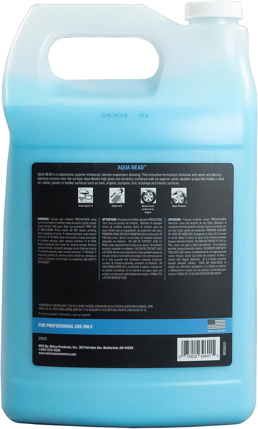 Malco Aqua Bead Water Based Dressing - Non-Greasy Interior and Exterior Dressing/Shines Car Tires, Rubber, Plastic and Trim/Concentrated Formula, Dilutable for Variable Gloss / 1 Gallon (129601)