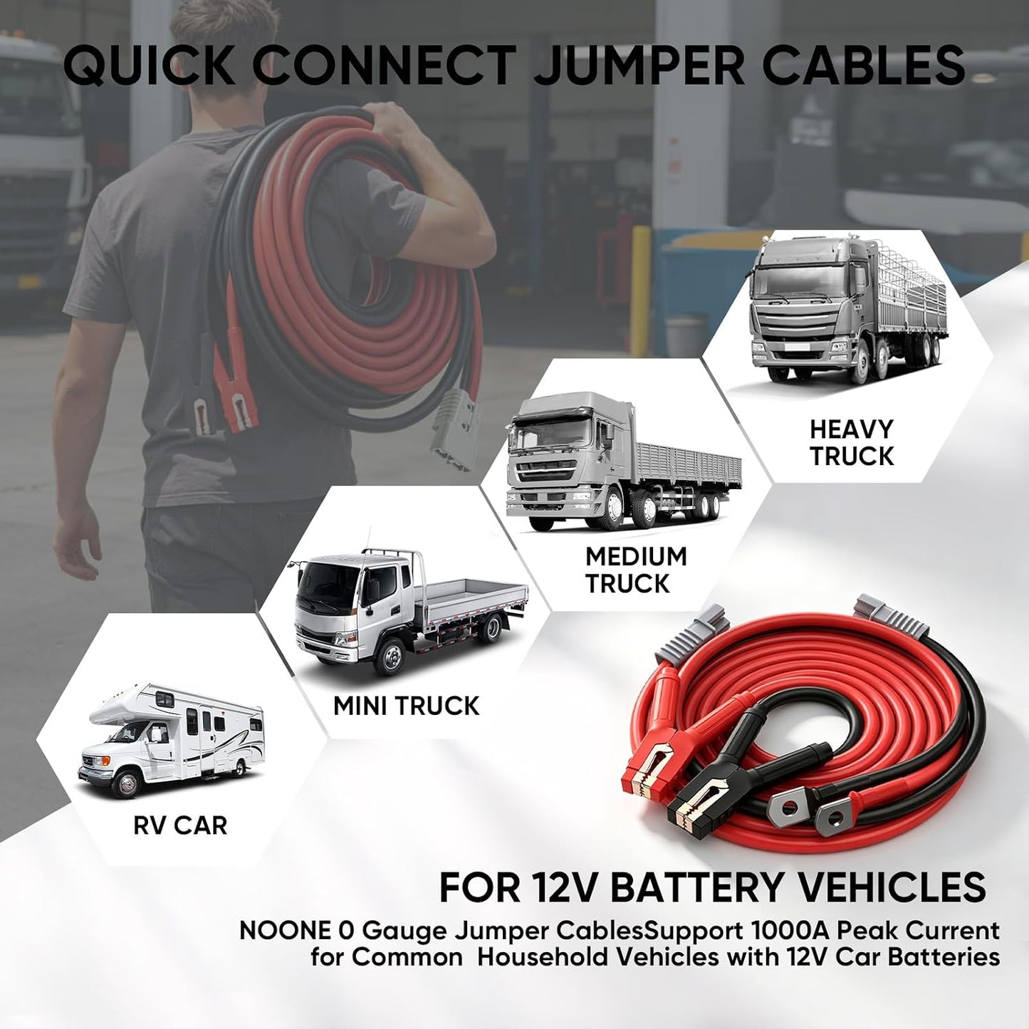 NOONE Jumper Cables for Car Battery, Heavy Duty Automotive Booster Cables for Jump Starting Dead or Weak Batteries (10-Feet)
