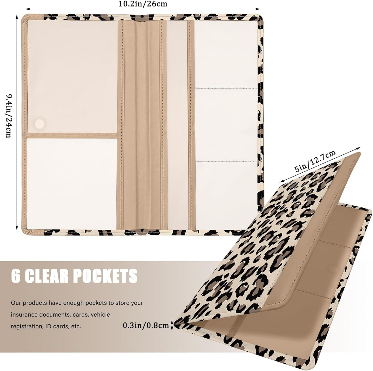 Car Registration and Insurance Holder, with Magnetic Closure for License, Cards and Documents, All Vehicle Needs and Car Accessories (Leopard-Black)